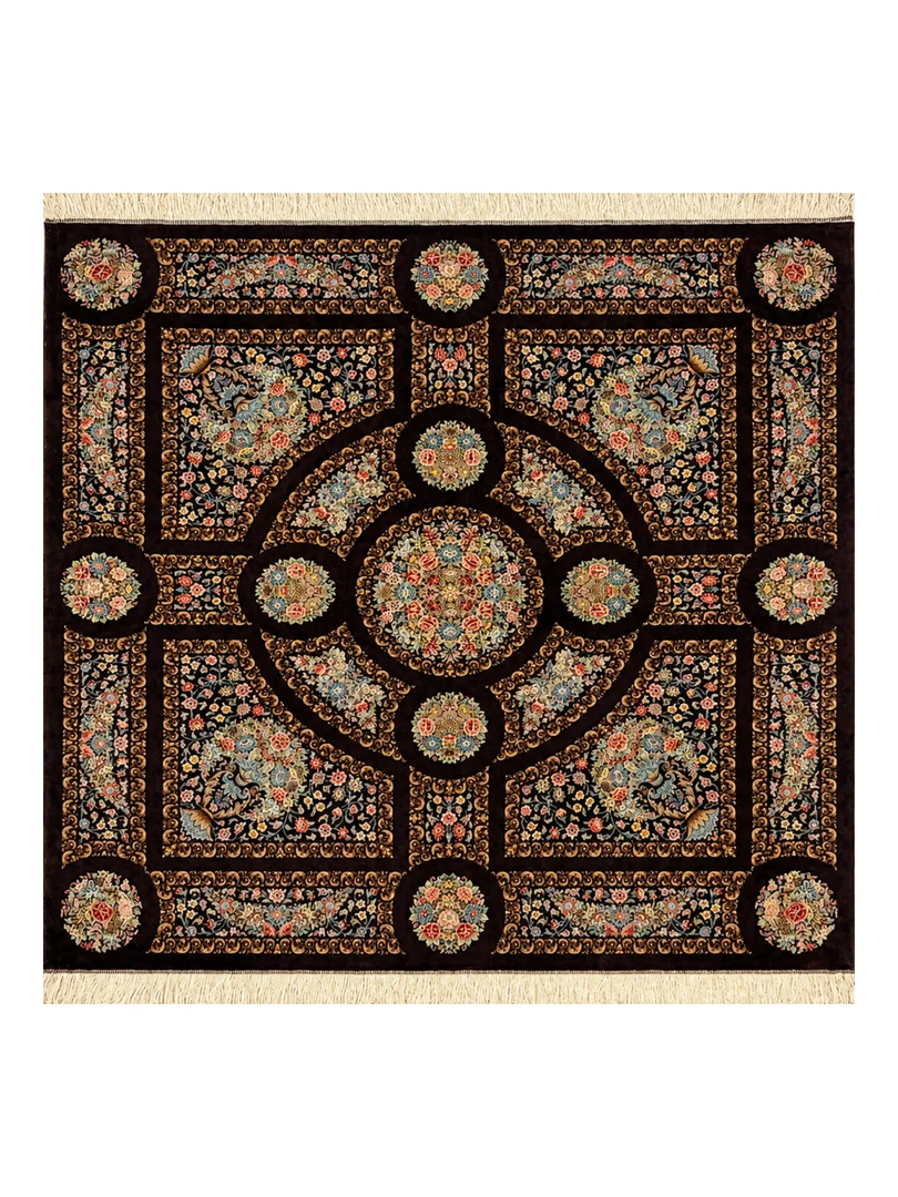 فرش دست بافت 4 متری قم 200*200 مربع گل فرنگ صادق زاده 80 رج تمام ابریشم قهوه ایی 9 کیلو کلاسیک