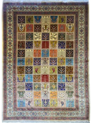 فرش ربات بافت 6 متری قم 200*300 مستطیل خشتی 70 رج ابریشم و بنبوسیلک کرم / بژ 12 کیلو کلاسیک