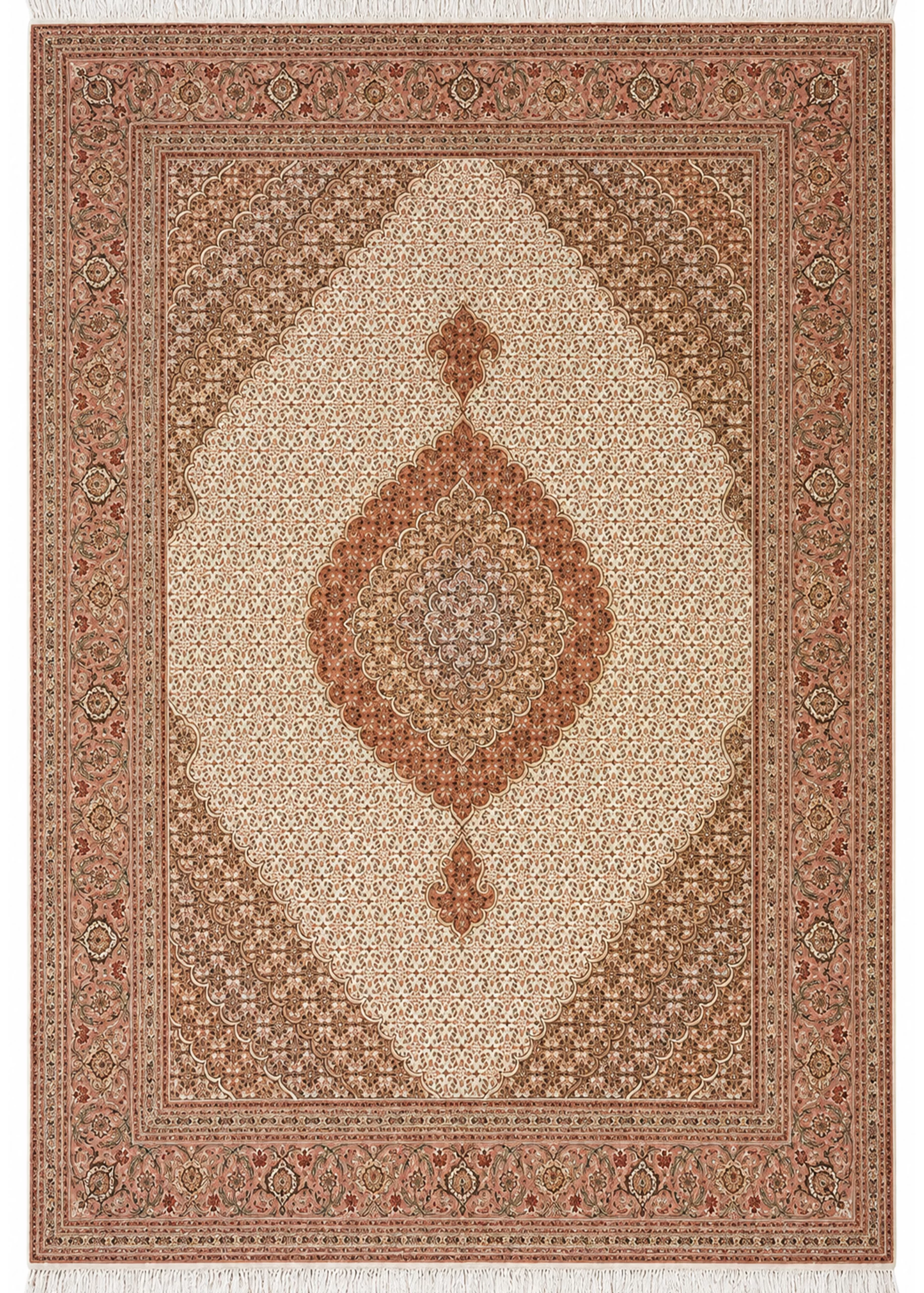 فرش دست بافت 9 متری تبریز 250*350 مستطیل ریز ماهی 50 رج کرک و ابریشم کرم / بژ 30 کیلو کلاسیک
