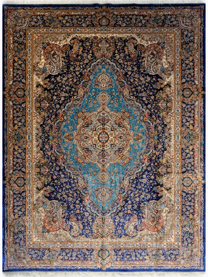 فرش ربات بافت 9 متری تبریز 250*350 مستطیل سالاری موج مهر 70 رج کرک و بمبوسیلک آبی / سرمه ایی 23 کیلو کلاسیک