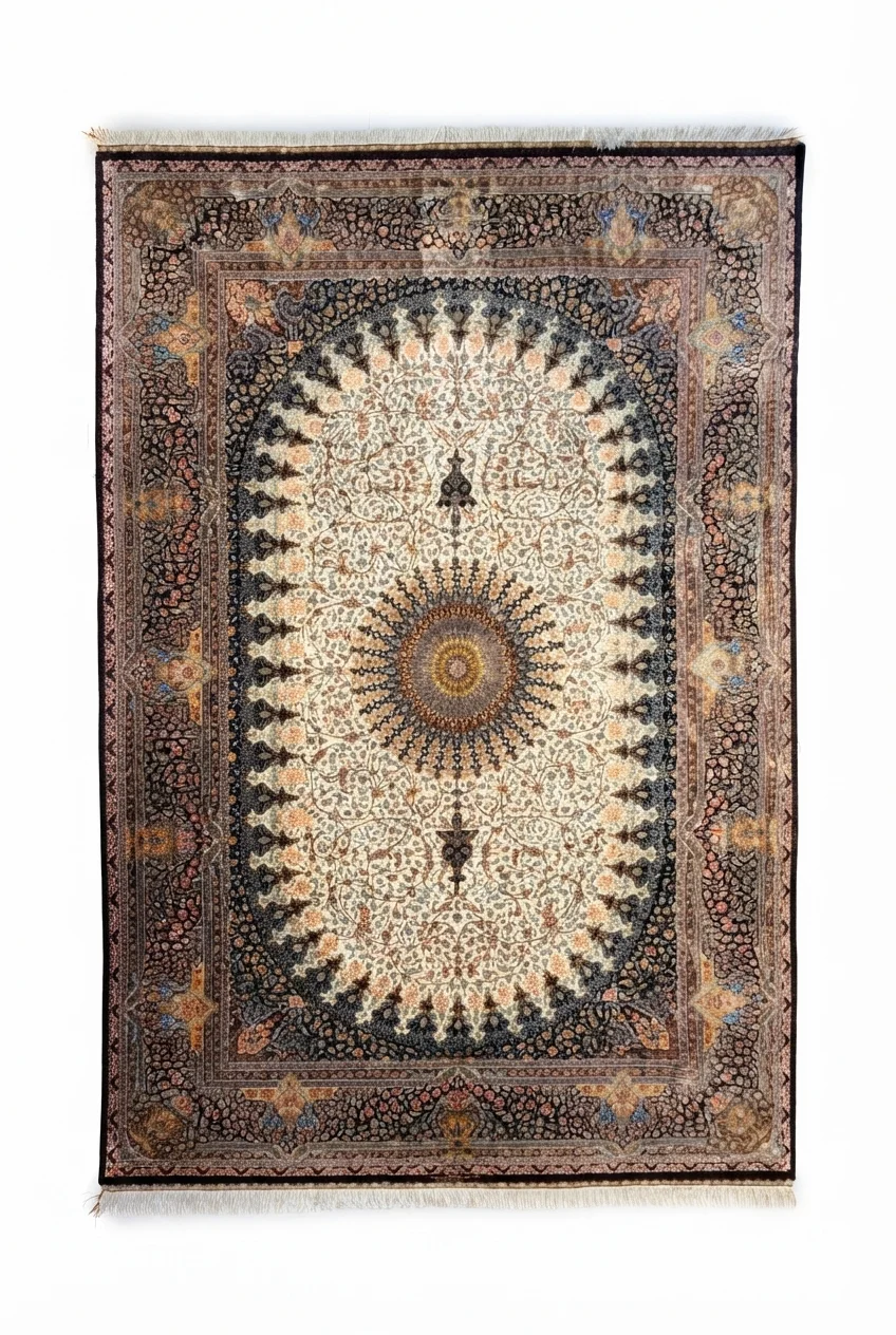 فرش دست بافت 9 متری قم 250*350 مستطیل احمدی 80 رج تمام ابریشم کرم / بژ 15 کیلو کلاسیک