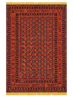 فرش دست بافت 3 متری گلیم فرش 145*195 مستطیل لچک ترنجی هندسی 40 رج پشم قرمز / لاکی 3 کیلو سنتی