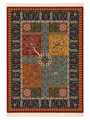 فرش دست بافت 3 متری مشهد 150*200 مستطیل چهارفصل 45 رج پشم و ابریشم قرمز / لاکی 12 کیلو سنتی