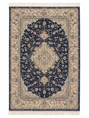 فرش دست بافت 9 متری مشهد 250*350 مستطیل طرح تبریز 40 رج پشم و ابریشم آبی / سرمه ایی 30 کیلو سنتی