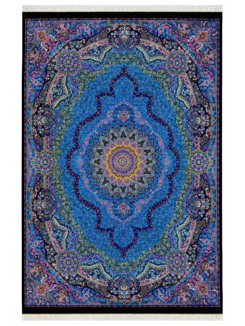 فرش دست بافت 18 متری قم 350*500 مستطیل کاظمی 90 رج تمام ابریشم آبی / سرمه ایی 30 کیلو کلاسیک