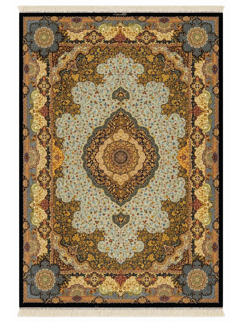 فرش دست بافت 9 متری قم 250*350 مستطیل اشراف 90 رج تمام ابریشم طوسی / نقره ایی 30 کیلو کلاسیک