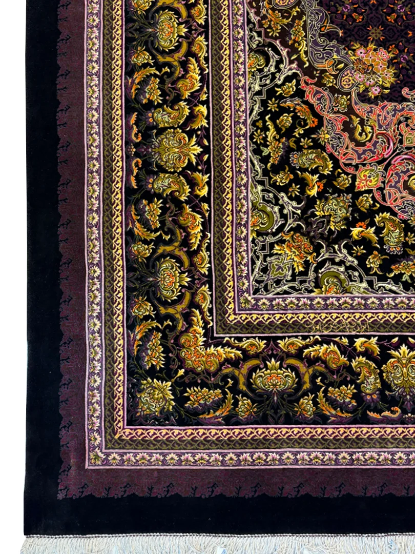فرش دست بافت 9 متری قم 250*350 مستطیل رایمون پارسه 90 رج تمام ابریشم بنفش 30 کیلو کلاسیک - تصویر 2