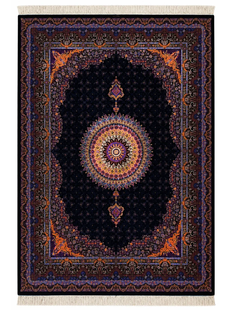 فرش دست بافت 12 متری قم 300*400 مستطیل رایمون لچک ترنجی 90 رج تمام ابریشم مشکی 25 کیلو کلاسیک