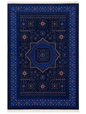 فرش ربات بافت 6 متری قم 200*300 مستطیل مملوک 70 رج ابریشم و بنبوسیلک آبی / سرمه ایی 12 کیلو کلاسیک