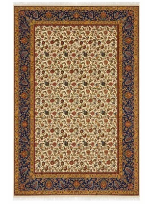 فرش ربات بافت 9 متری قم 250*350 مستطیل افشان اسلیمی 90 رج ابریشم و بنبوسیلک کرم / بژ 13 کیلو کلاسیک