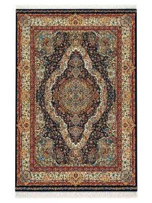فرش ربات بافت 3 متری قم 150*225 مستطیل سالاری لچک بوته 80 رج ابریشم و بنبوسیلک مشکی 8 کیلو کلاسیک