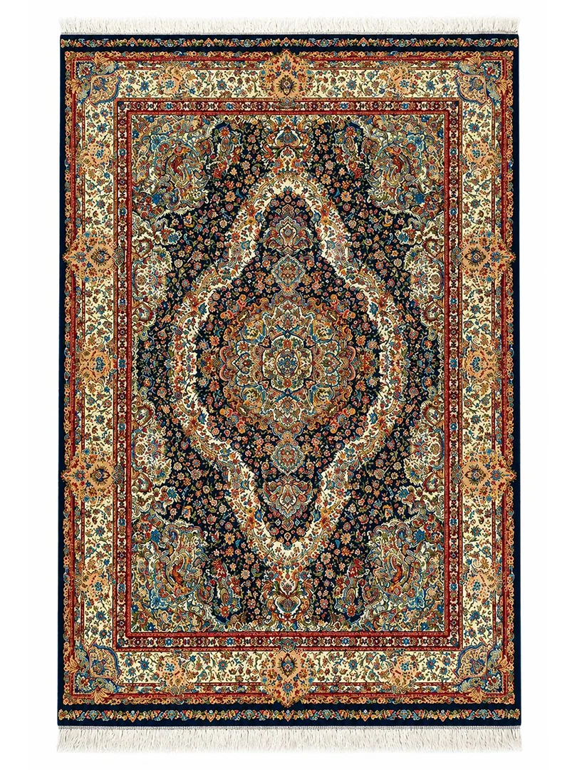 فرش ربات بافت 3 متری قم 150*225 مستطیل سالاری لچک بوته 80 رج ابریشم و بنبوسیلک مشکی 8 کیلو کلاسیک