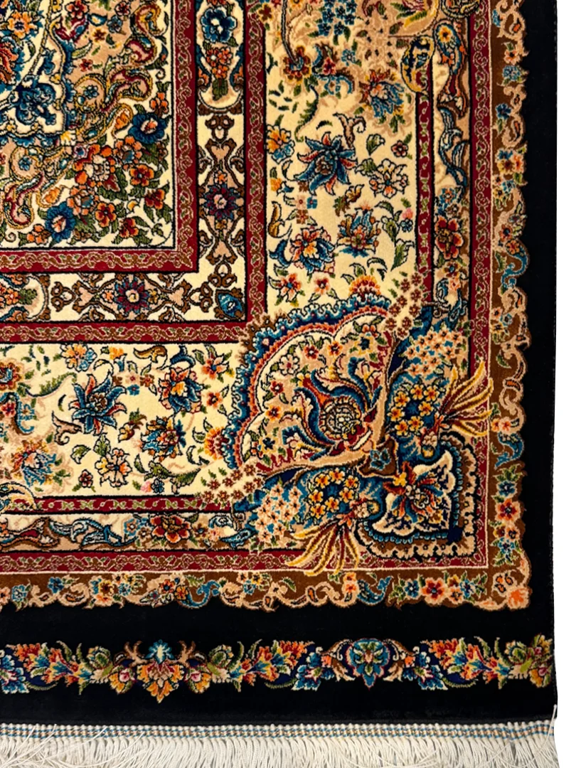 فرش ربات بافت 3 متری قم 150*225 مستطیل سالاری لچک بوته 80 رج ابریشم و بنبوسیلک مشکی 8 کیلو کلاسیک - تصویر 2