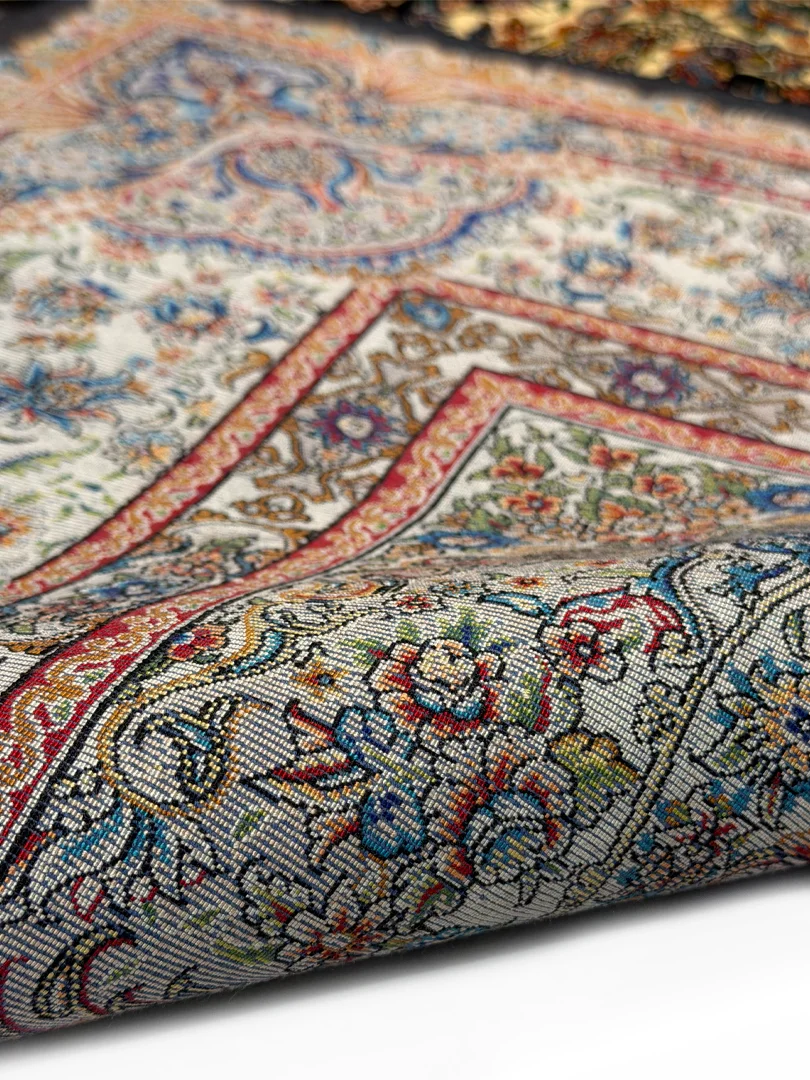 فرش ربات بافت 3 متری قم 150*225 مستطیل سالاری لچک بوته 80 رج ابریشم و بنبوسیلک مشکی 8 کیلو کلاسیک - تصویر 3