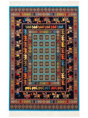 فرش ربات بافت 1.5 متری قم 100*150 مستطیل پازیزیک 70 رج ابریشم و بنبوسیلک الوان 3 کیلو کلاسیک
