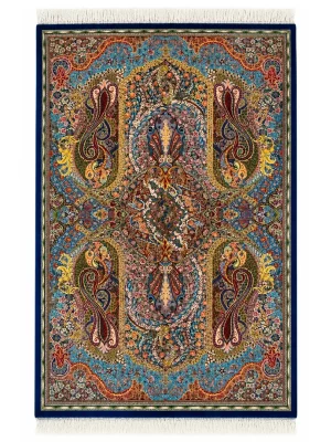 فرش ربات بافت 1.5 متری قم 100*150 مستطیل تارزن ارمی 70 رج ابریشم و بنبوسیلک آبی / سرمه ایی 3 کیلو کلاسیک