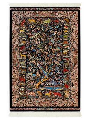 فرش ربات بافت 1.5 متری قم 100*150 مستطیل شکارگاه 70 رج ابریشم و بنبوسیلک مشکی 3 کیلو کلاسیک
