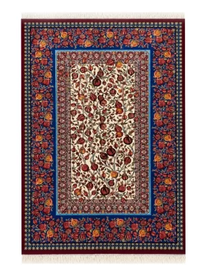 فرش ربات بافت 1.5 متری قم 100*150 مستطیل درخت انار 70 رج ابریشم و بنبوسیلک سفید 3 کیلو کلاسیک