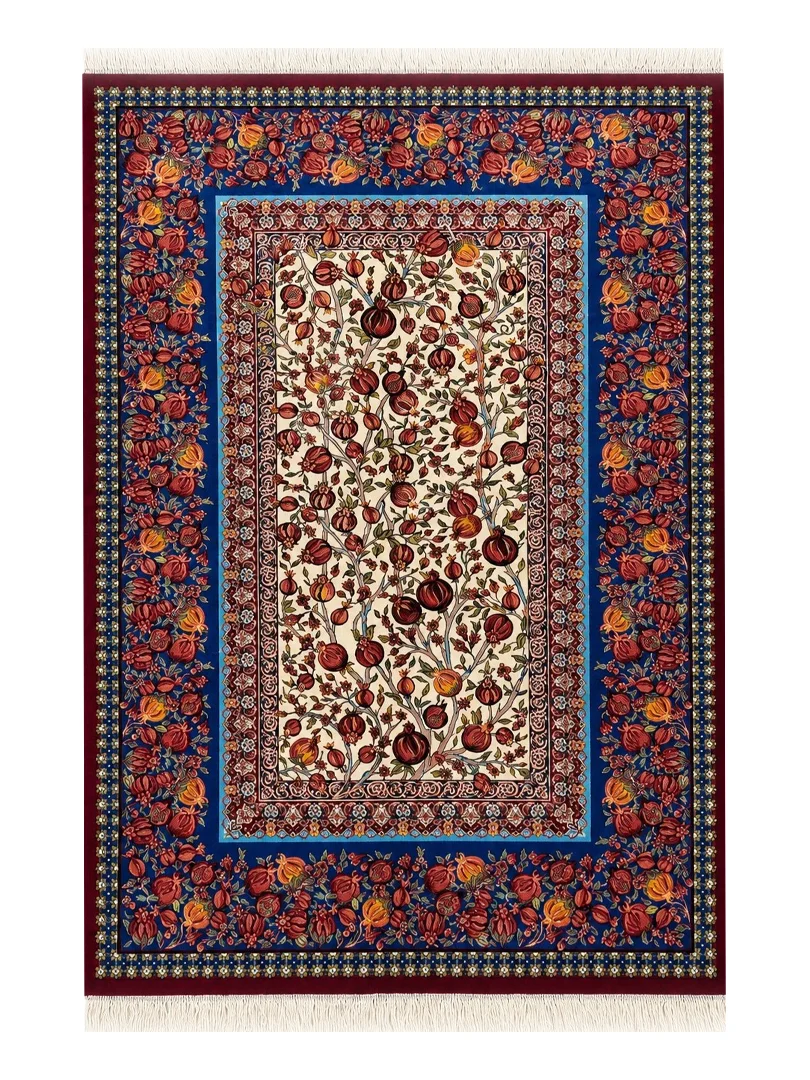فرش ربات بافت 1.5 متری قم 100*150 مستطیل درخت انار 70 رج ابریشم و بنبوسیلک سفید 3 کیلو کلاسیک