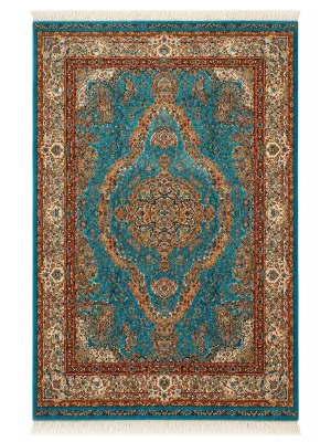 فرش ربات بافت 3 متری قم 150*225 مستطیل سالاری لچک بوته 80 رج ابریشم و بنبوسیلک آبی / سرمه ایی 8 کیلو کلاسیک