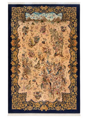 فرش ربات بافت 6 متری قم 200*300 مستطیل باغ پرندگان طولی 70 رج ابریشم و بنبوسیلک کرم / بژ 12 کیلو کلاسیک