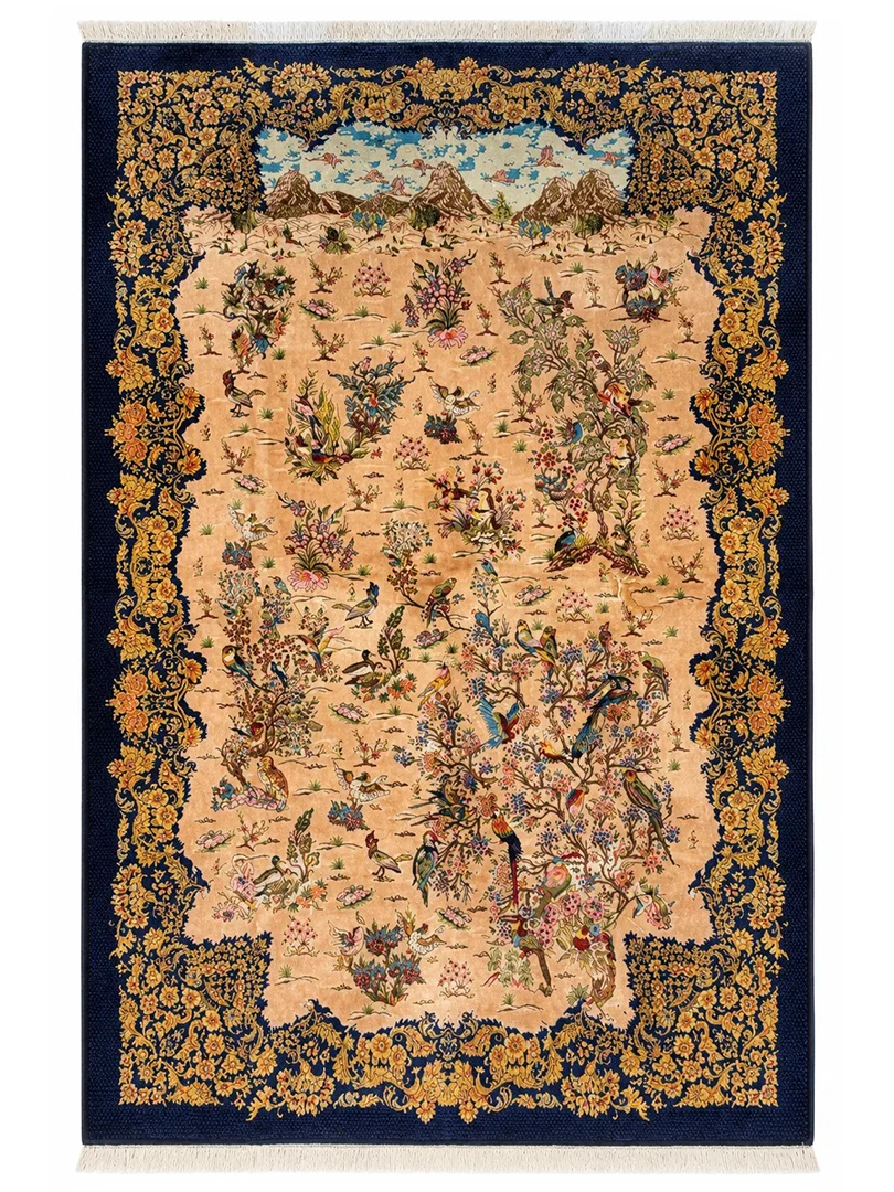 فرش ربات بافت 6 متری قم 200*300 مستطیل باغ پرندگان طولی 70 رج ابریشم و بنبوسیلک کرم / بژ 12 کیلو کلاسیک