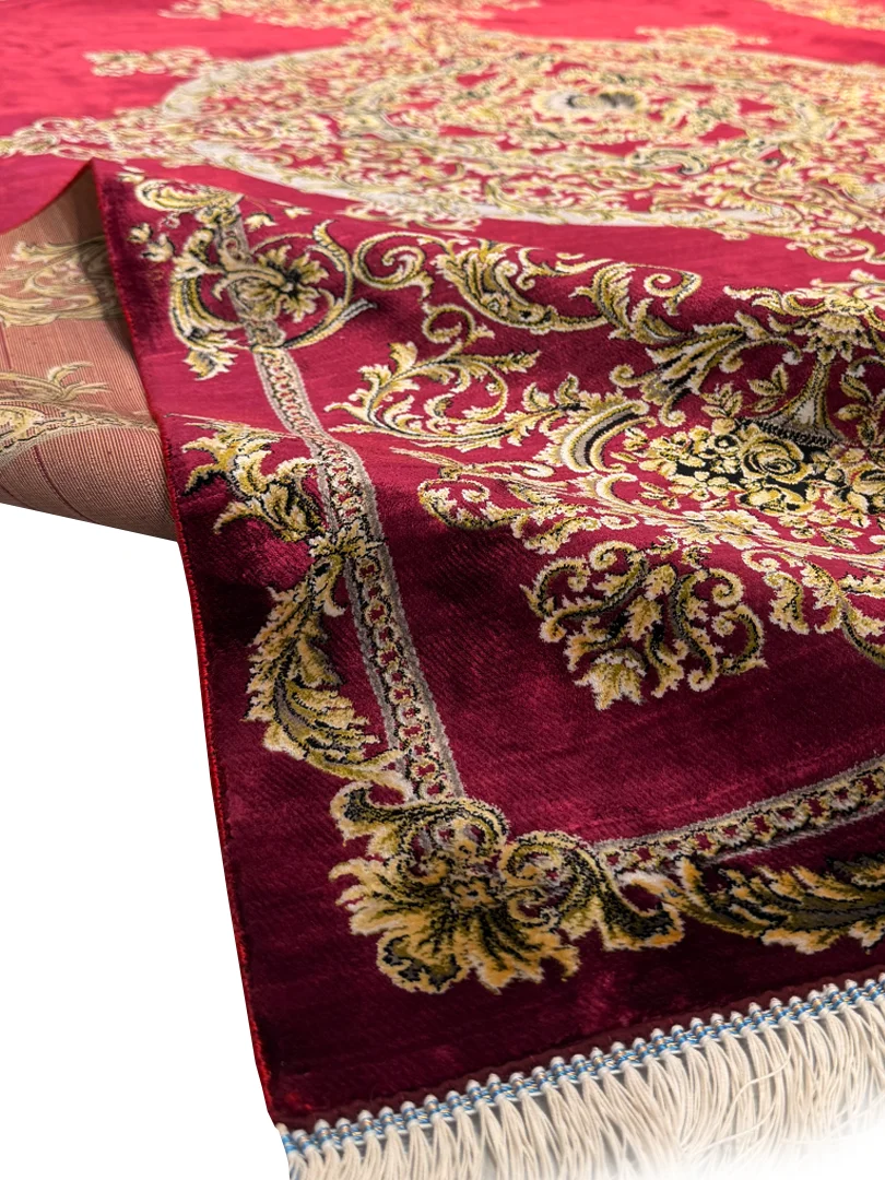 فرش ربات بافت 6 متری قم 200*300 مستطیل ورساچه ترنجی 70 رج ابریشم و بنبوسیلک قرمز / لاکی 12 کیلو کلاسیک - تصویر 4