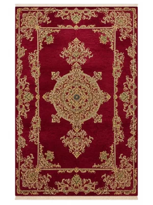 فرش ربات بافت 6 متری قم 200*300 مستطیل ورساچه ترنجی 70 رج ابریشم و بنبوسیلک قرمز / لاکی 12 کیلو کلاسیک