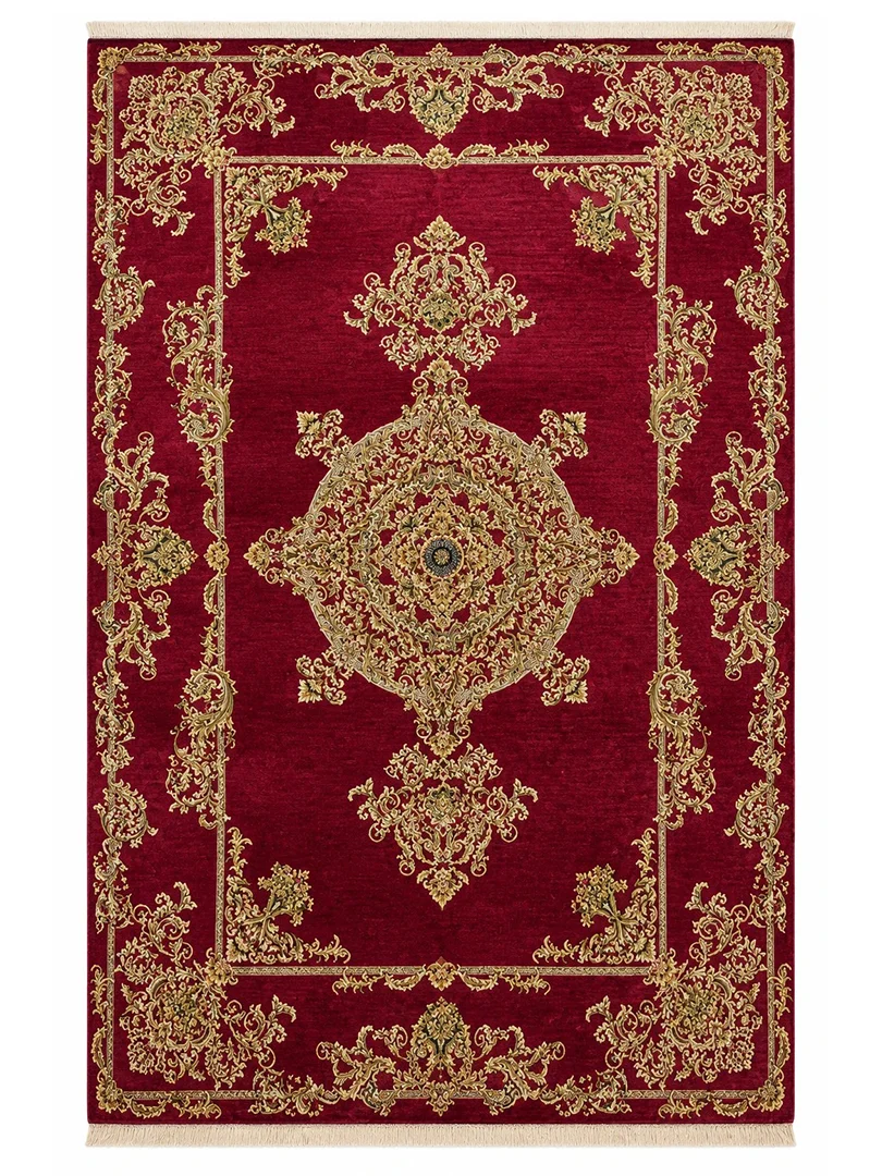 فرش ربات بافت 6 متری قم 200*300 مستطیل ورساچه ترنجی 70 رج ابریشم و بنبوسیلک قرمز / لاکی 12 کیلو کلاسیک