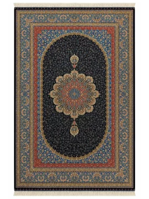 فرش ربات بافت 6 متری قم 200*300 مستطیل گلریز معصومی 70 رج ابریشم و بنبوسیلک آبی / سرمه ایی 12 کیلو کلاسیک