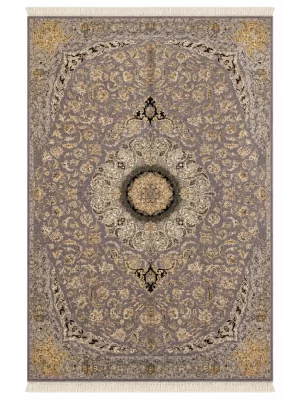 فرش ربات بافت 6 متری قم 200*300 مستطیل ورساچه ترنجی 70 رج ابریشم و بنبوسیلک طوسی / نقره ایی 12 کیلو کلاسیک