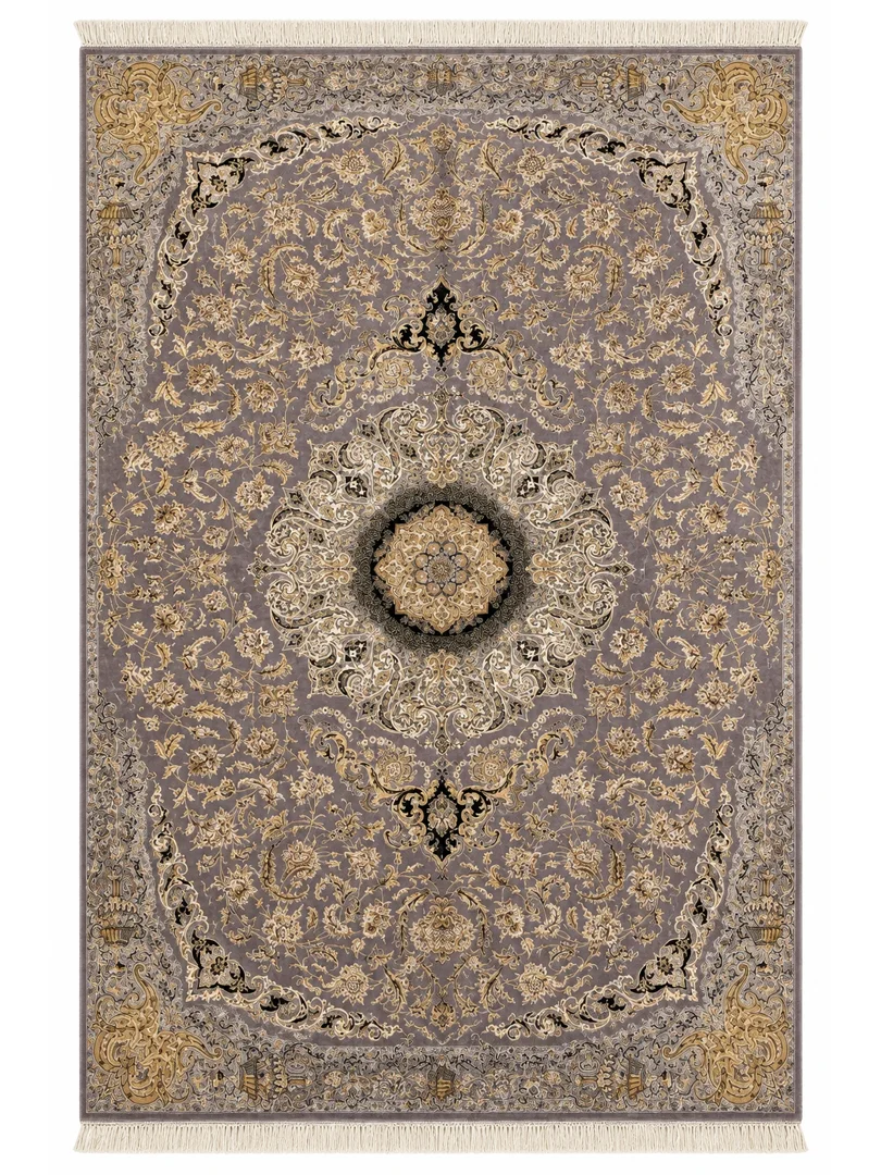 فرش ربات بافت 6 متری قم 200*300 مستطیل ورساچه ترنجی 70 رج ابریشم و بنبوسیلک طوسی / نقره ایی 12 کیلو کلاسیک