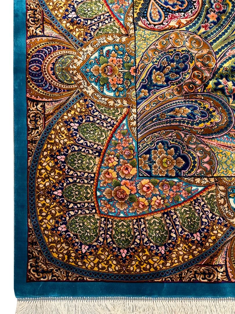 فرش ربات بافت 6 متری قم 200*300 مستطیل ارمی 70 رج ابریشم و بنبوسیلک آبی / سرمه ایی 12 کیلو کلاسیک - تصویر 2