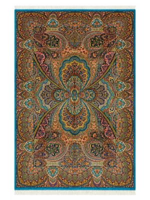 فرش ربات بافت 6 متری قم 200*300 مستطیل ارمی 70 رج ابریشم و بنبوسیلک آبی / سرمه ایی 12 کیلو کلاسیک