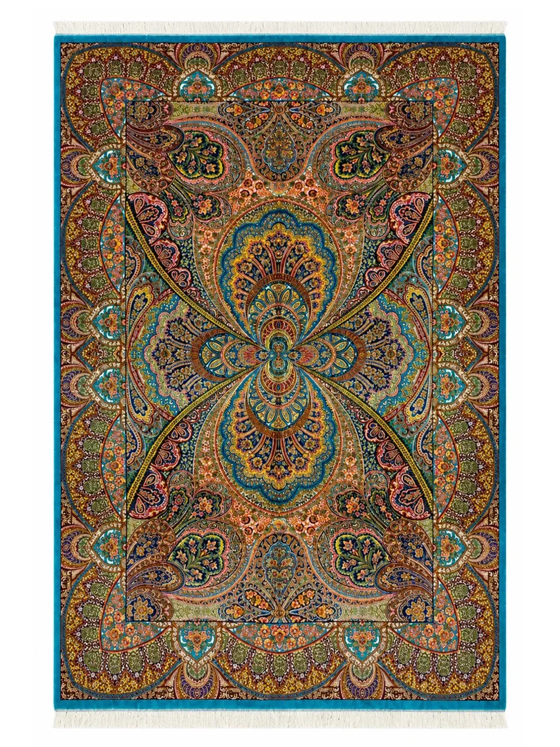 فرش ربات بافت 6 متری قم 200*300 مستطیل ارمی 70 رج ابریشم و بنبوسیلک آبی / سرمه ایی 12 کیلو کلاسیک