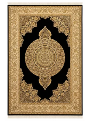 فرش ربات بافت 6 متری قم 200*300 مستطیل ورساچه ترنجی 70 رج ابریشم و بنبوسیلک مشکی 12 کیلو کلاسیک