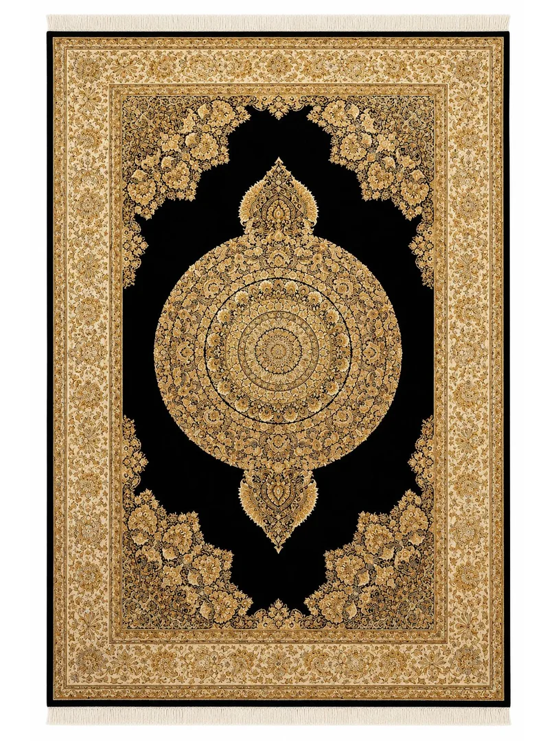 فرش ربات بافت 6 متری قم 200*300 مستطیل ورساچه ترنجی 70 رج ابریشم و بنبوسیلک مشکی 12 کیلو کلاسیک