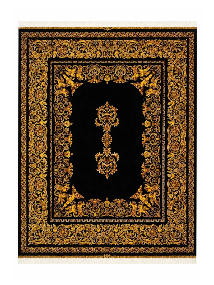 فرش ربات بافت 5 متری قم 200*250 مستطیل ورساچه 70 رج ابریشم و بنبوسیلک مشکی 12 کیلو کلاسیک