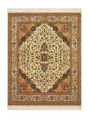 فرش ربات بافت 5 متری قم 200*250 مستطیل هریس 70 رج ابریشم و بنبوسیلک کرم / بژ 12 کیلو کلاسیک