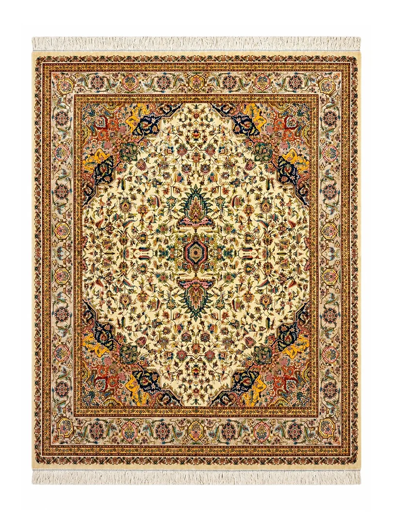 فرش ربات بافت 5 متری قم 200*250 مستطیل هریس 70 رج ابریشم و بنبوسیلک کرم / بژ 12 کیلو کلاسیک