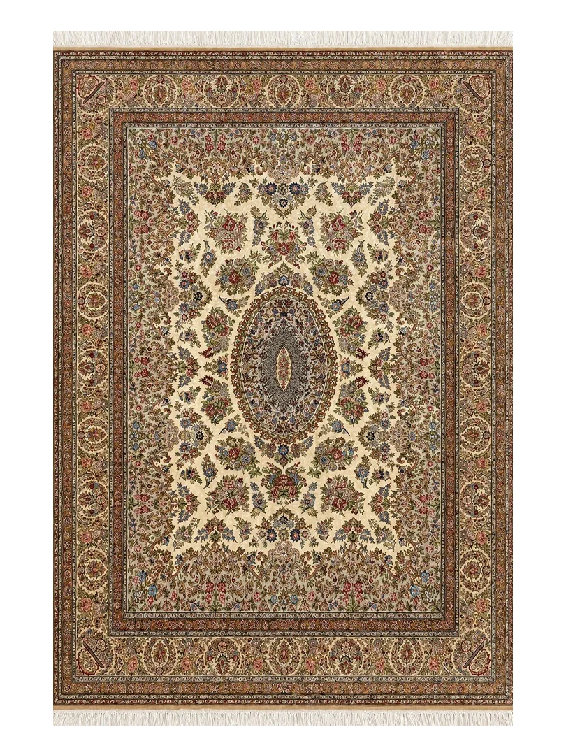 فرش دست بافت 9 متری قم 250*350 مستطیل لچک ترنجی گلریز 60 رج تمام ابریشم کرم / بژ 30 کیلو کلاسیک