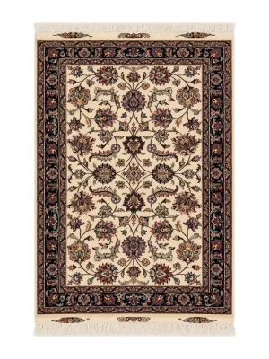 فرش دست بافت 1.5 متری مشهد 100*150 مستطیل افشان جدید 30 رج کرک و ابریشم کرم / بژ 20 کیلو کلاسیک