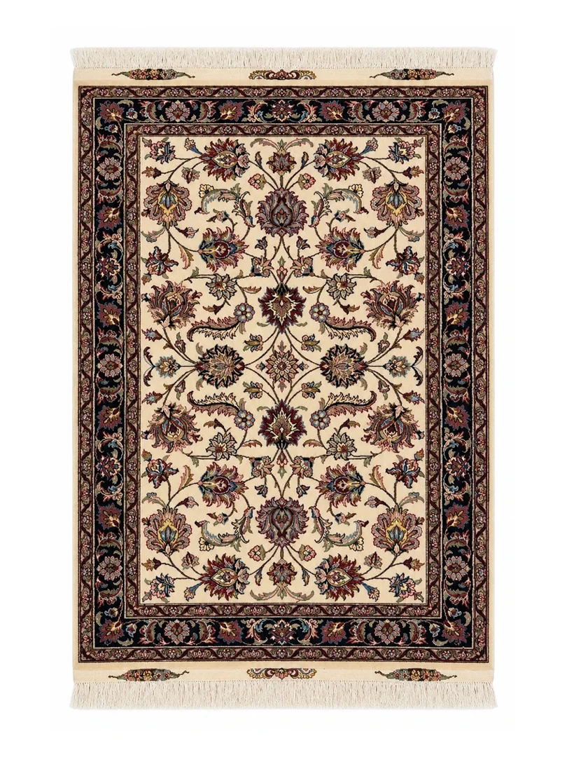 فرش دست بافت 1.5 متری مشهد 100*150 مستطیل افشان جدید 30 رج کرک و ابریشم کرم / بژ 20 کیلو کلاسیک