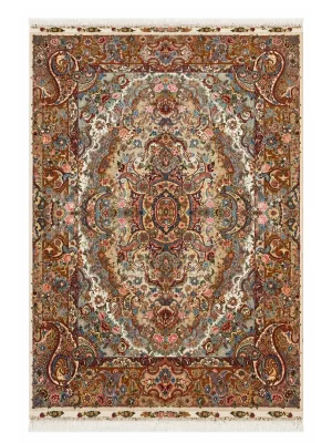 فرش دست بافت 9 متری مشهد 250*350 مستطیل سالاری لچک بوته 30 رج پشم و ابریشم کرم / بژ 15 کیلو کلاسیک