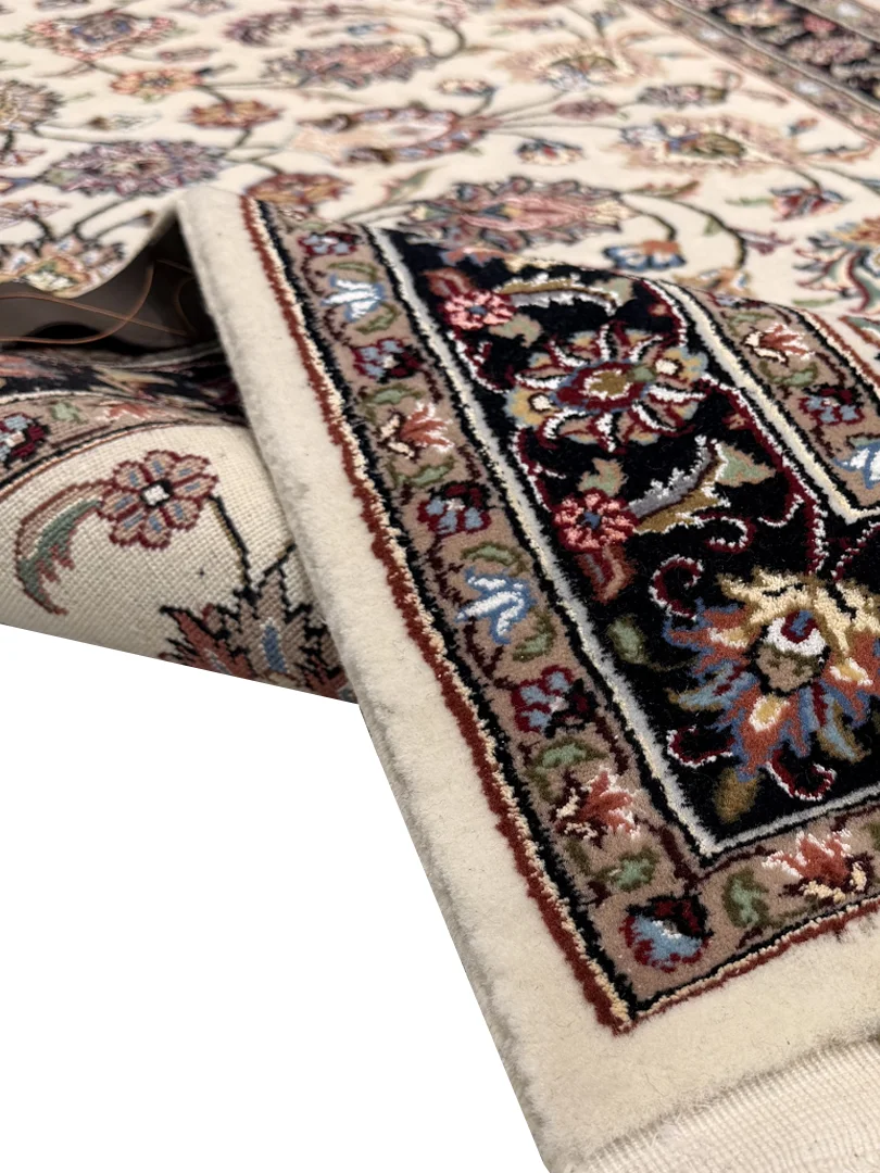 فرش دست بافت کناره مشهد 90*300 مستطیل افشان جدید 30 رج کرک و ابریشم کرم / بژ 20 کیلو کلاسیک - تصویر 2