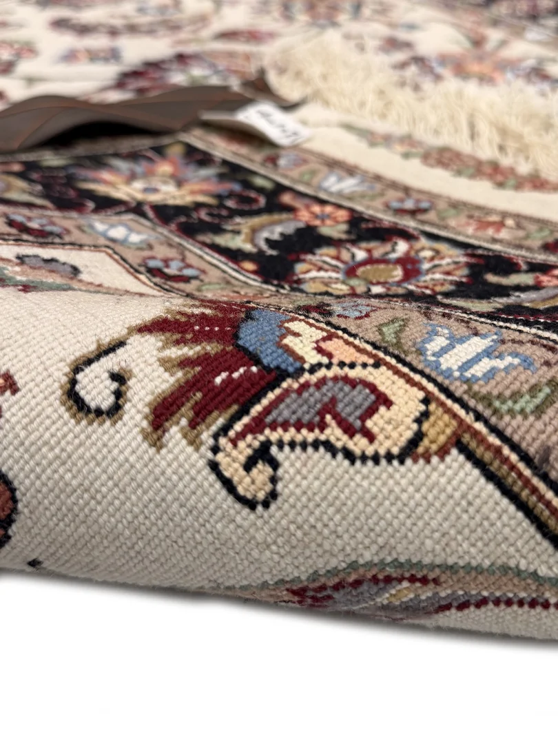 فرش دست بافت کناره مشهد 90*300 مستطیل افشان جدید 30 رج کرک و ابریشم کرم / بژ 20 کیلو کلاسیک - تصویر 3