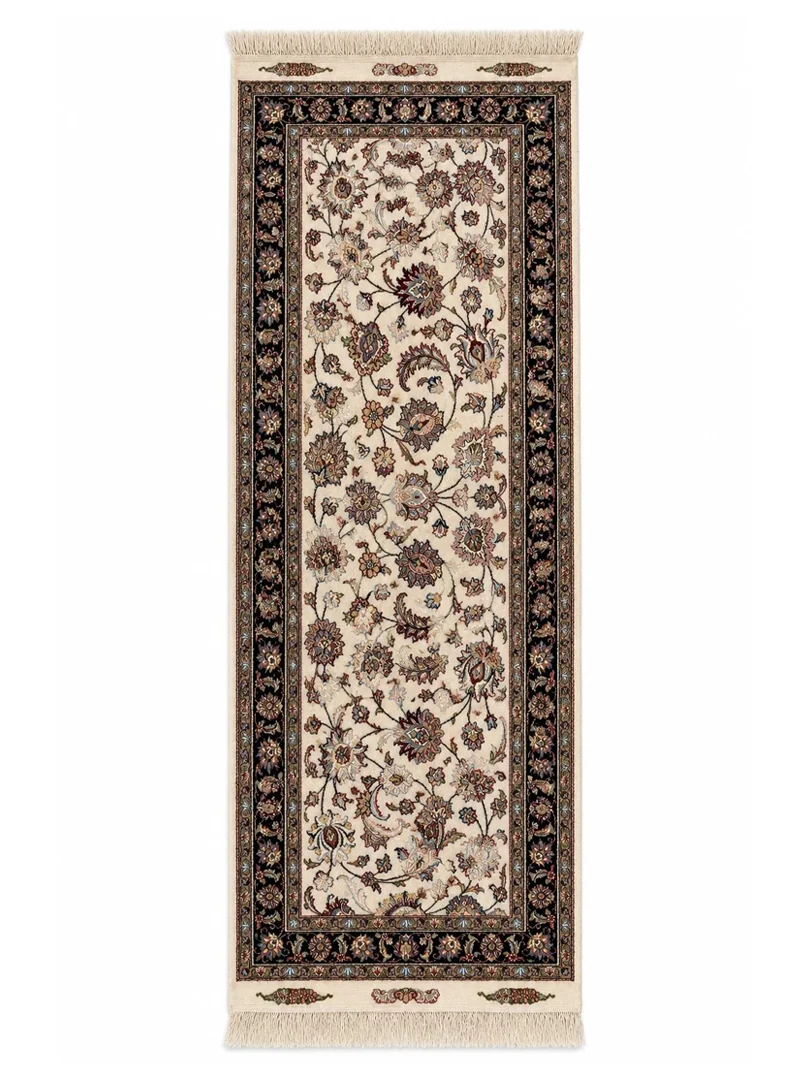 فرش دست بافت کناره مشهد 90*300 مستطیل افشان جدید 30 رج کرک و ابریشم کرم / بژ 20 کیلو کلاسیک
