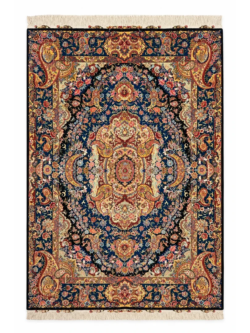فرش دست بافت 9 متری مشهد 250*350 مستطیل سالاری لچک بوته 30 رج پشم و ابریشم مشکی 15 کیلو کلاسیک