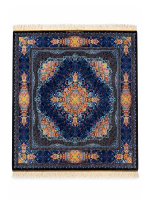 فرش دست بافت 4 متری قم 200*200 مربع علیزاده 80 رج تمام ابریشم آبی / سرمه ایی 9 کیلو کلاسیک