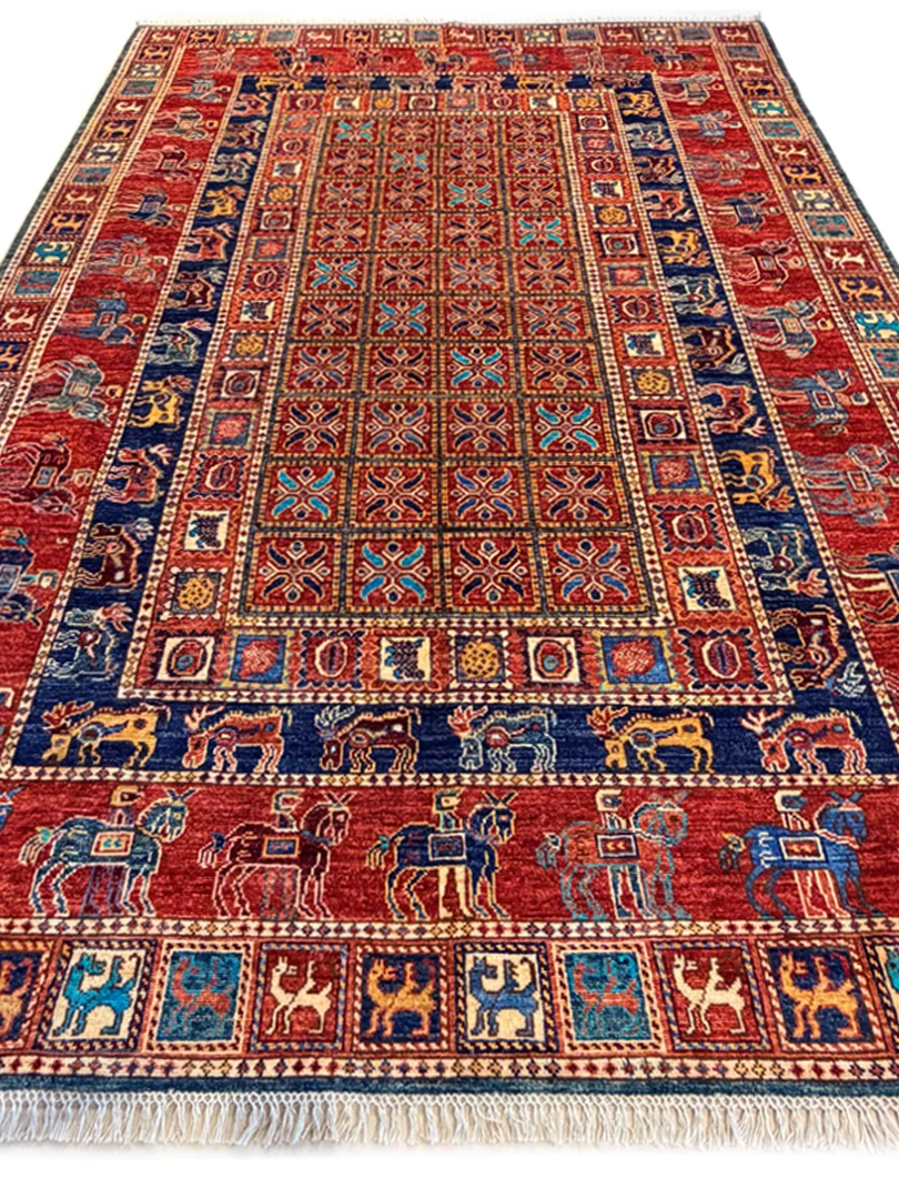 فرش دست بافت 6 متری سلطان اباد 198*296 مستطیل پازیزیک 30 رج پشم دست ریس قرمز / لاکی 25 کیلو مدرن - تصویر 3